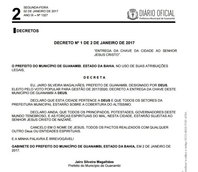 Em decreto, prefeito baiano entrega a chave da cidade a Deus;"minha palavra é irrevogável!"