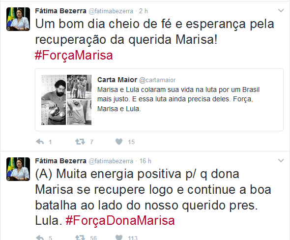 Senadora Fátima Bezerra posta no Twitter mensagem pela recuperação de Marisa Letícia, que não tem previsão de alta