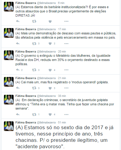 Senadora Fátima Bezerra fala em “barbárie institucionalizada” e defende no Twitter DIRETAS JÁ
