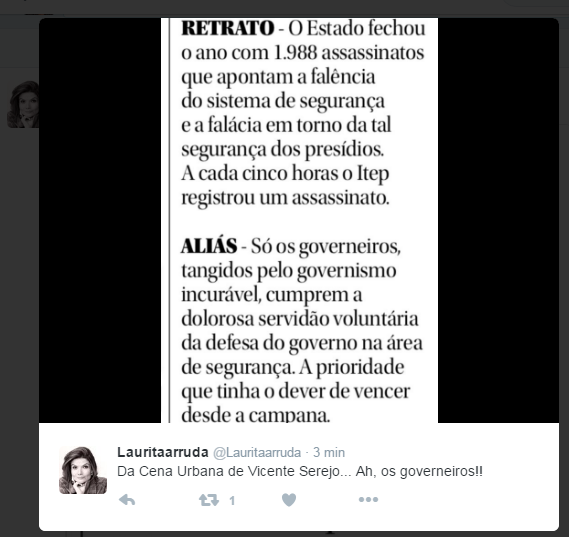 Esposa de Henrique Alves, Laurita Arruda ironiza  "governeiros" no seu micro blog Twitter