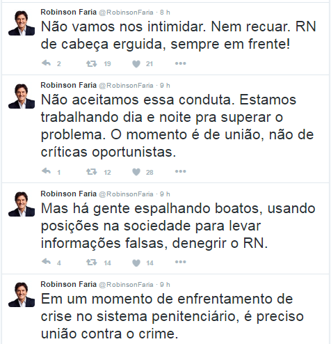 Robinson faz desabafo no Twitter e classifica de "oportunistas" críticas que visam "denegrir imagem do RN"