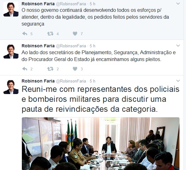 Robinson Faria destaca no twitter capacidade de diálogo do governo com policiais militares
