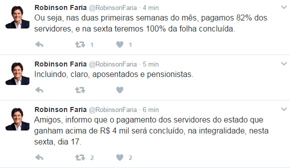 Governador Robinson Faria informa que pagamento dos servidores será concluído próxima 6ª feira