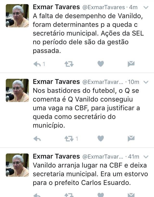Cronista esportivo revela no Twitter que Zé Vanildo "era um estorvo" para o prefeito Carlos Eduardo