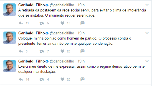 Senador Garibaldi Filho justifica que deletou Twitter de apoio a Temer para "evitar o clima de intolerância"