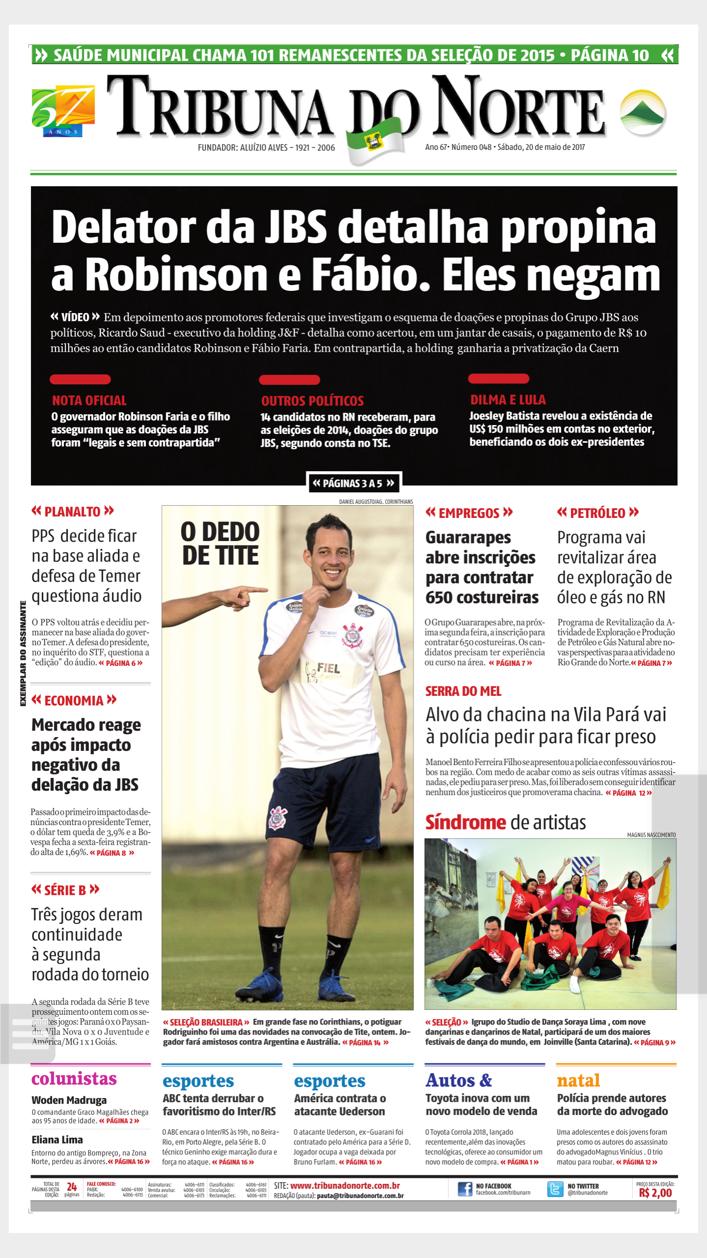 Com destaque especial, Tribuna do Norte dedica manchete de 1ª página para envolvimento de Robinson e Fábio com propina da JBS