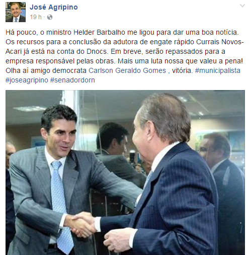 Agripino e Carlson Gomes comemoram liberação de recursos para obra da adutora de Currais Novos-Acari