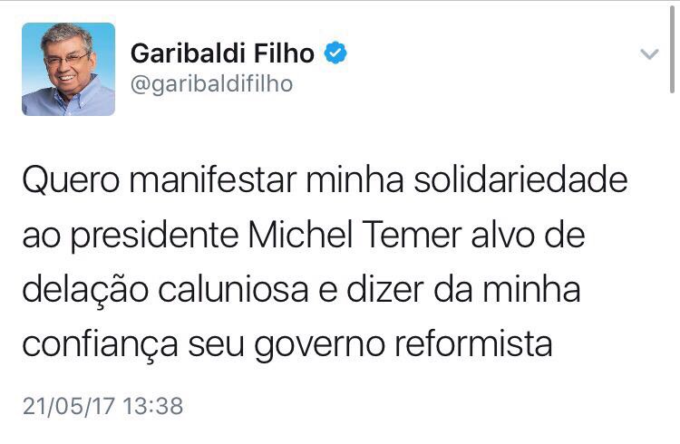 Constrangido pela opinião pública, Garibaldi apaga do Twitter apoio a Temer