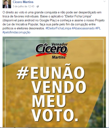 VÍDEO: vereador Cícero Martins pede apoio da população para que projeto “Eleitor Ficha Limpa” seja aprovado