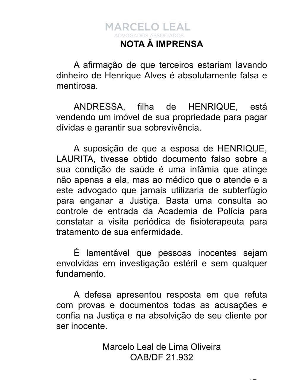 Defesa de Henrique Alves diz que acusação que envolve esposa e filha é falsa, mentirosa e sem fundamento
