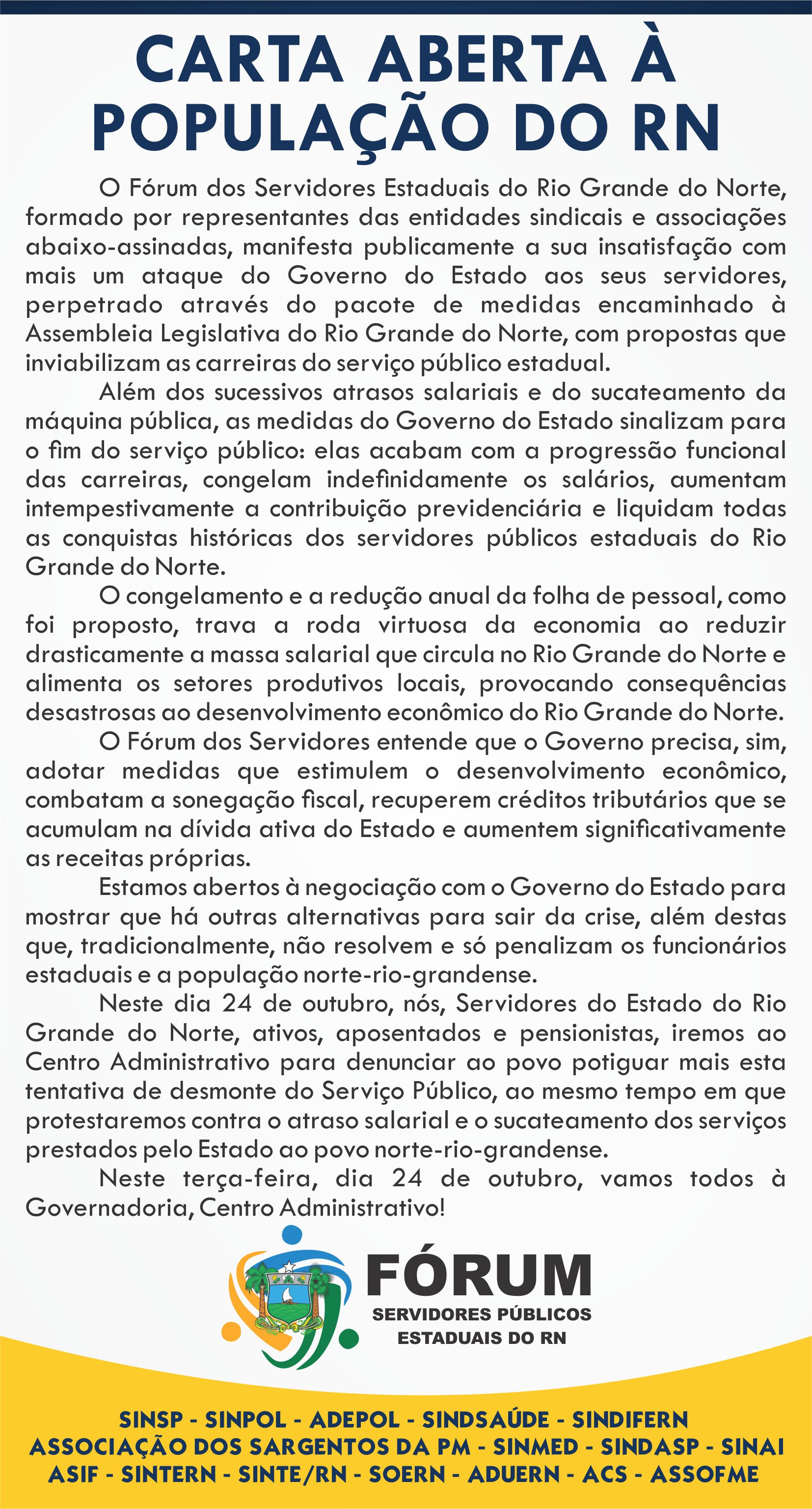 Fórum dos Servidores Estaduais do RN emite carta aberta à população do RN