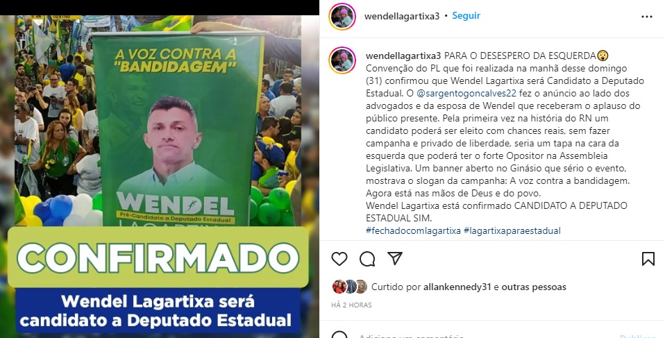 Mesmo preso, Wendel Lagartixa é confirmado como candidato do PL a deputado