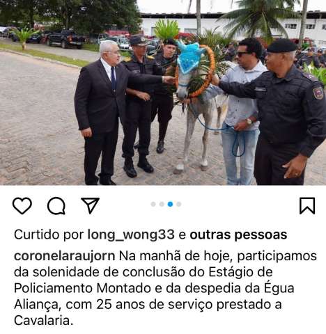 Secretário de Segurança do RN deixa gabinete para participar da cerimônia de aposentadoria de égua da PM, após 25 anos de "serviços prestados"