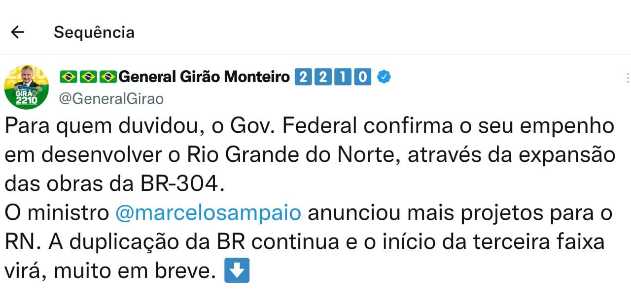 General Girão anuncia mais obras do Governo Federal para a BR-304