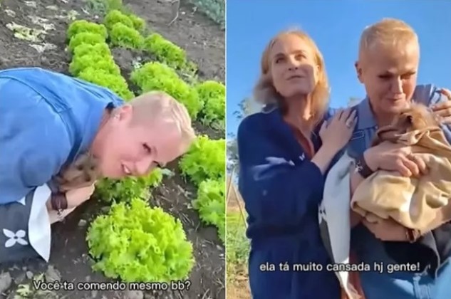 Xuxa surge em vídeo comendo alface no chão, direto de plantação. “Ela não está bem hoje”, diz Angélica