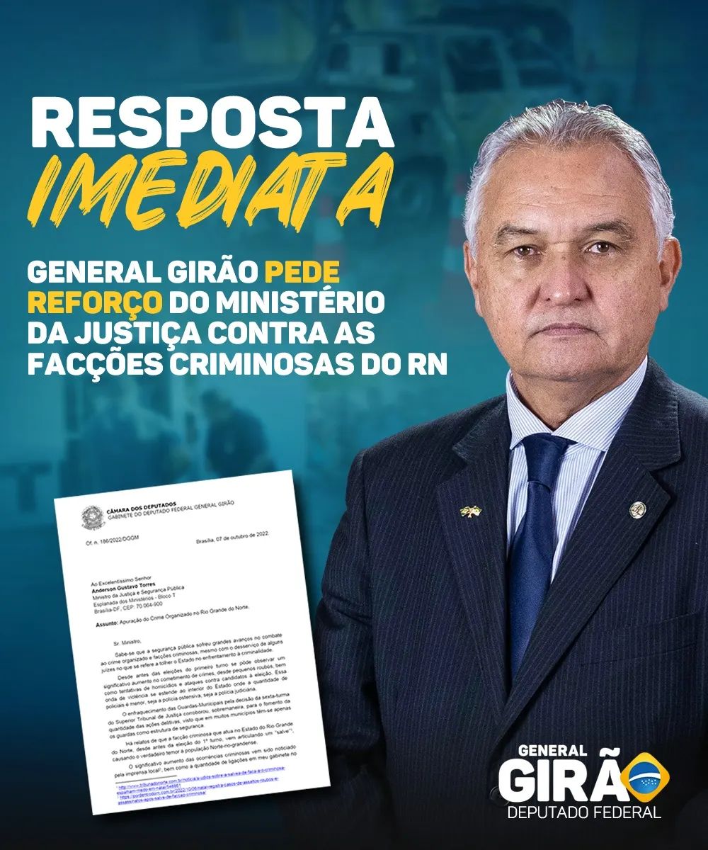 Diante da criminalidade desenfreada e da inércia do Governo do RN, Girão pede apoio ao Ministério da Justiça