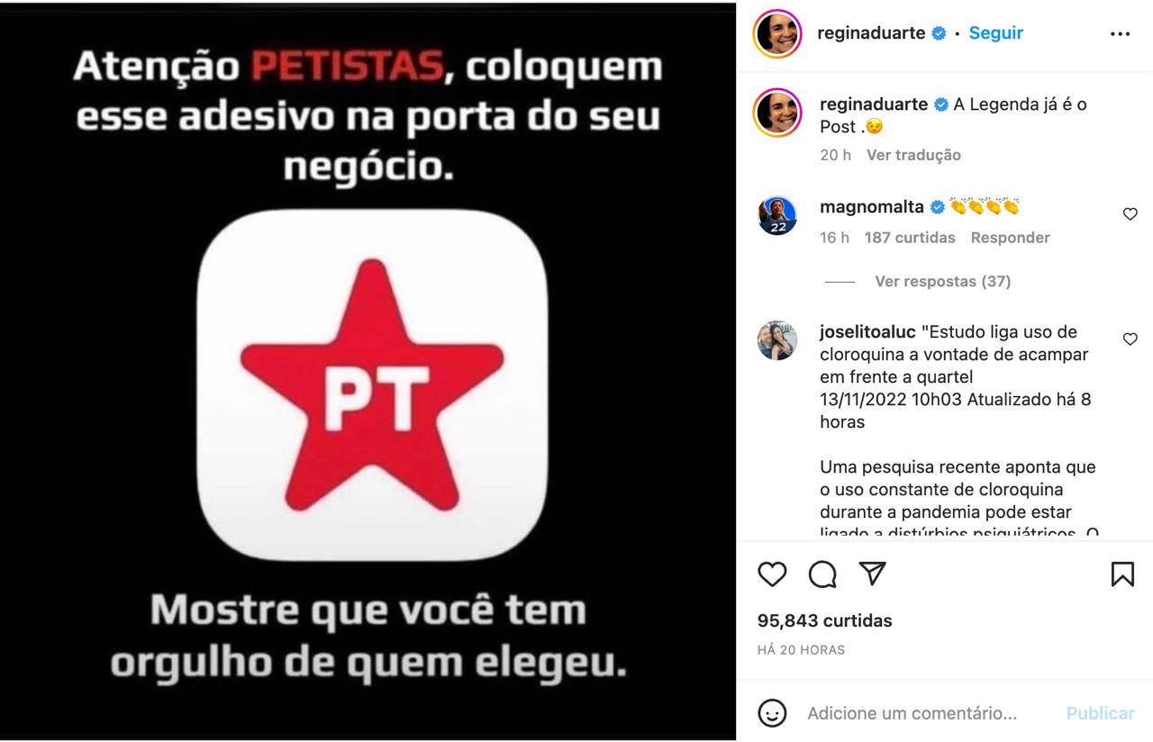 Regina Duarte sugere adesivos do PT em lojas que apoiaram Lula