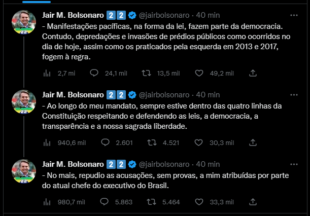“Depredações e invasões de prédios públicos fogem à regra”, diz Bolsonaro sobre ato terrorista