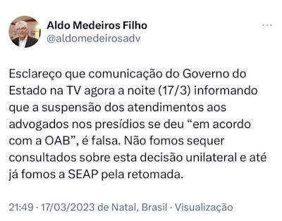 Presidente da OAB, Aldo Medeiros, desmente Governo do RN