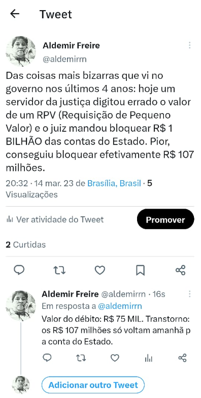 Erro de digitação faz justiça bloquear R$ 1 bilhão das contas do Governo do RN