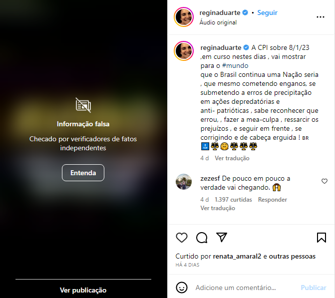 Regina Duarte volta a ser advertida pelo Instagram por publicar fake news sobre 8 de janeiro