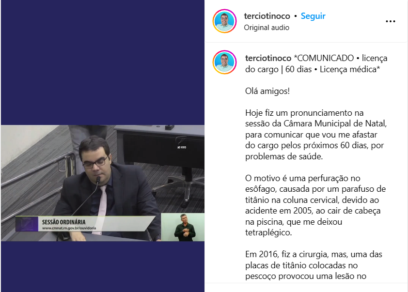 Vereador Tércio Tinoco se licencia da CMN, após ter esôfago perfurado por parafuso de titânio