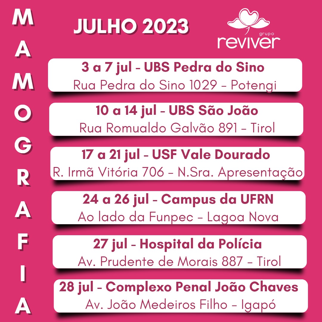 MAMOGRAFIAS: Grupo Reviver realiza exames na UBS São João a partir desta segunda até sexta-feira, dia 14; Veja o calendário