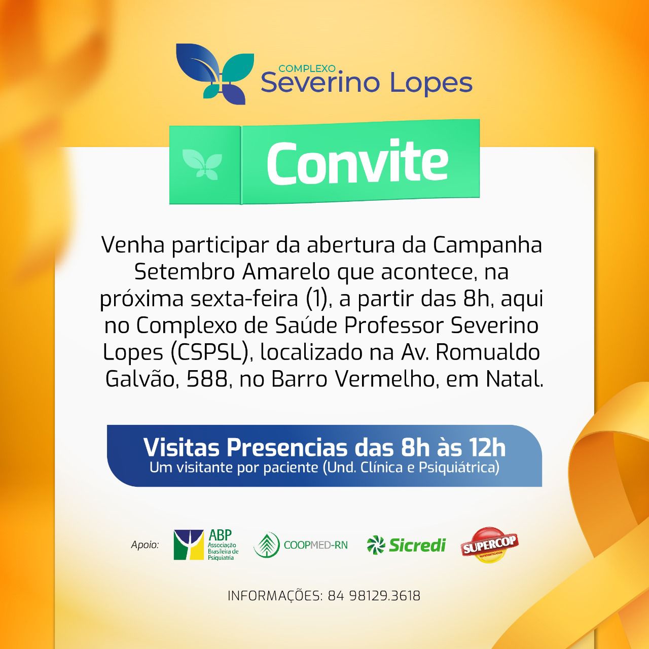 Complexo Severino Lopes lança campanha Setembro Amarelo com stands de atendimento gratuito à população