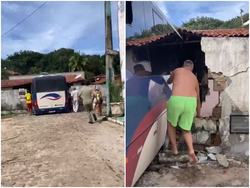 PÂNICO: Em Pipa, ônibus sem freio e cheio de turistas derruba muro de residência