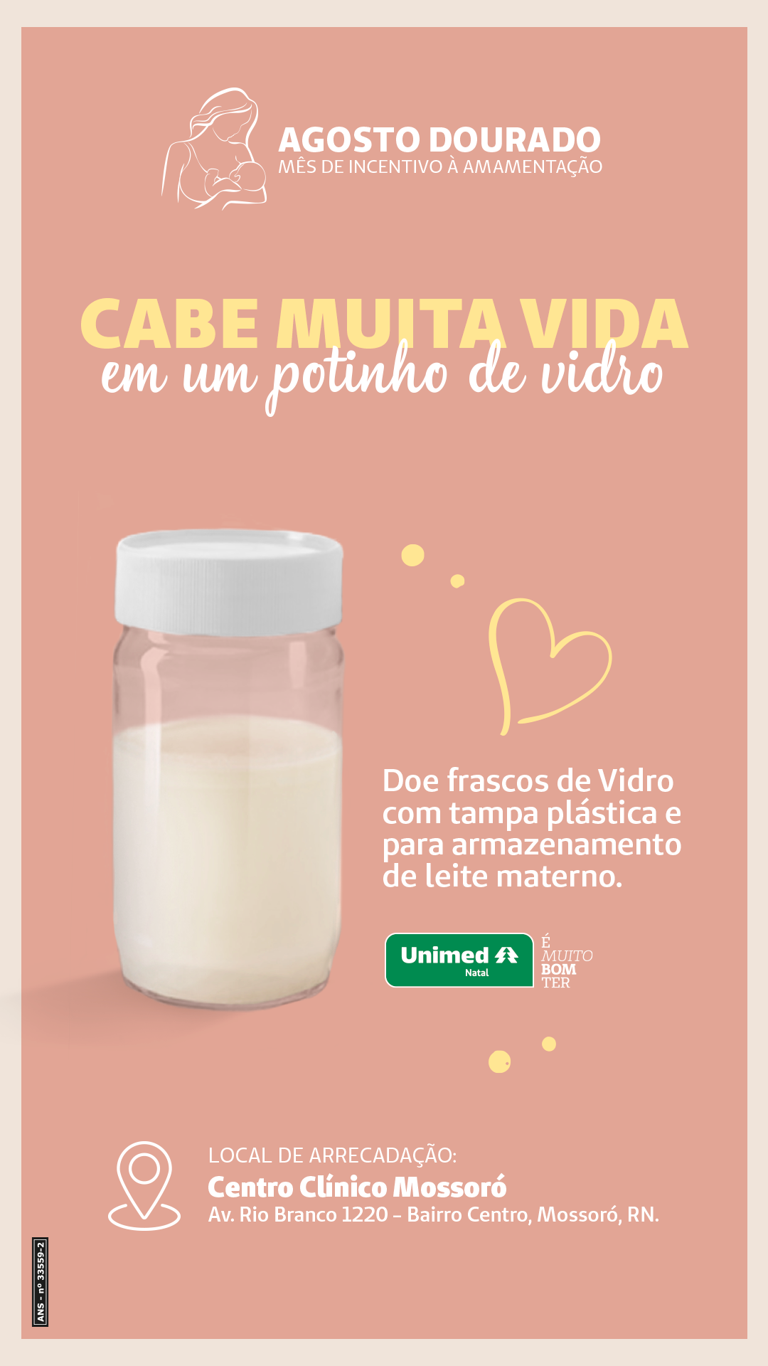 Agosto Dourado: Centro Clínico da Unimed em Mossoró está arrecadando frascos para armazenamento de leite materno