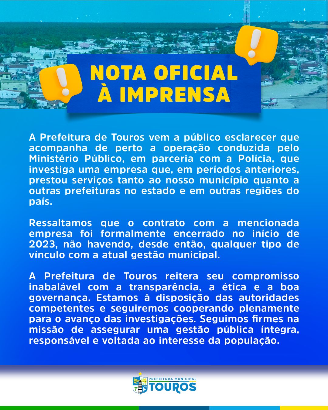 Prefeitura de Touros diz em nota que está cooperando para avanço de operação do MPRN que investiga desvio de recursos públicos