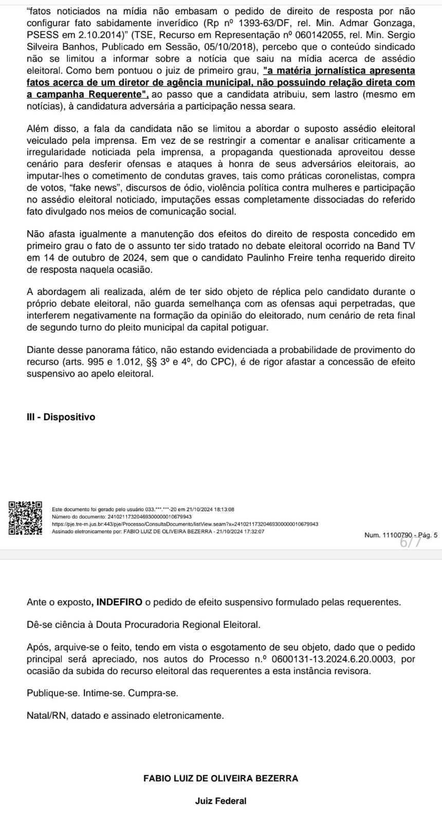 Mais uma. Fake news confirmada: Juiz federal nega liminar a Natália e mantém direito de resposta a Paulinho