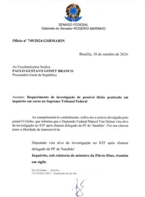 Rogério Marinho entra com representação junto ao MPF contra delegado da PF