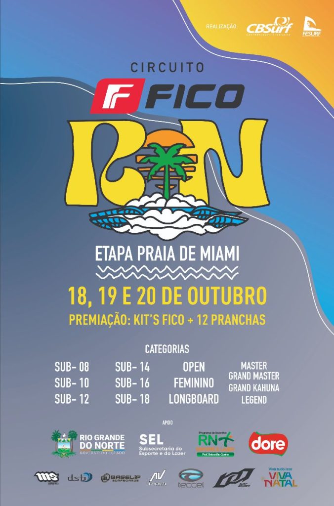 Pelo estadual de surfe, Fico RN na praia de Miami será neste sábado e domingo