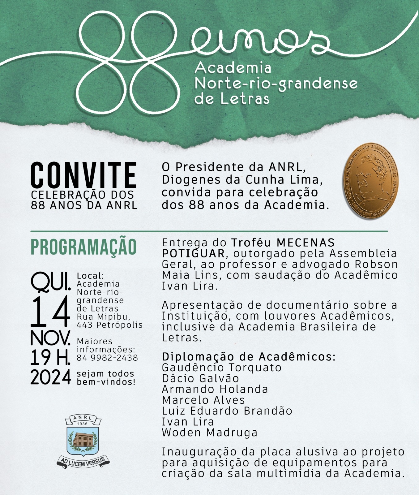 Academia Norte-rio-grandense de Letras celebra 88 anos de fundação nesta quinta-feira