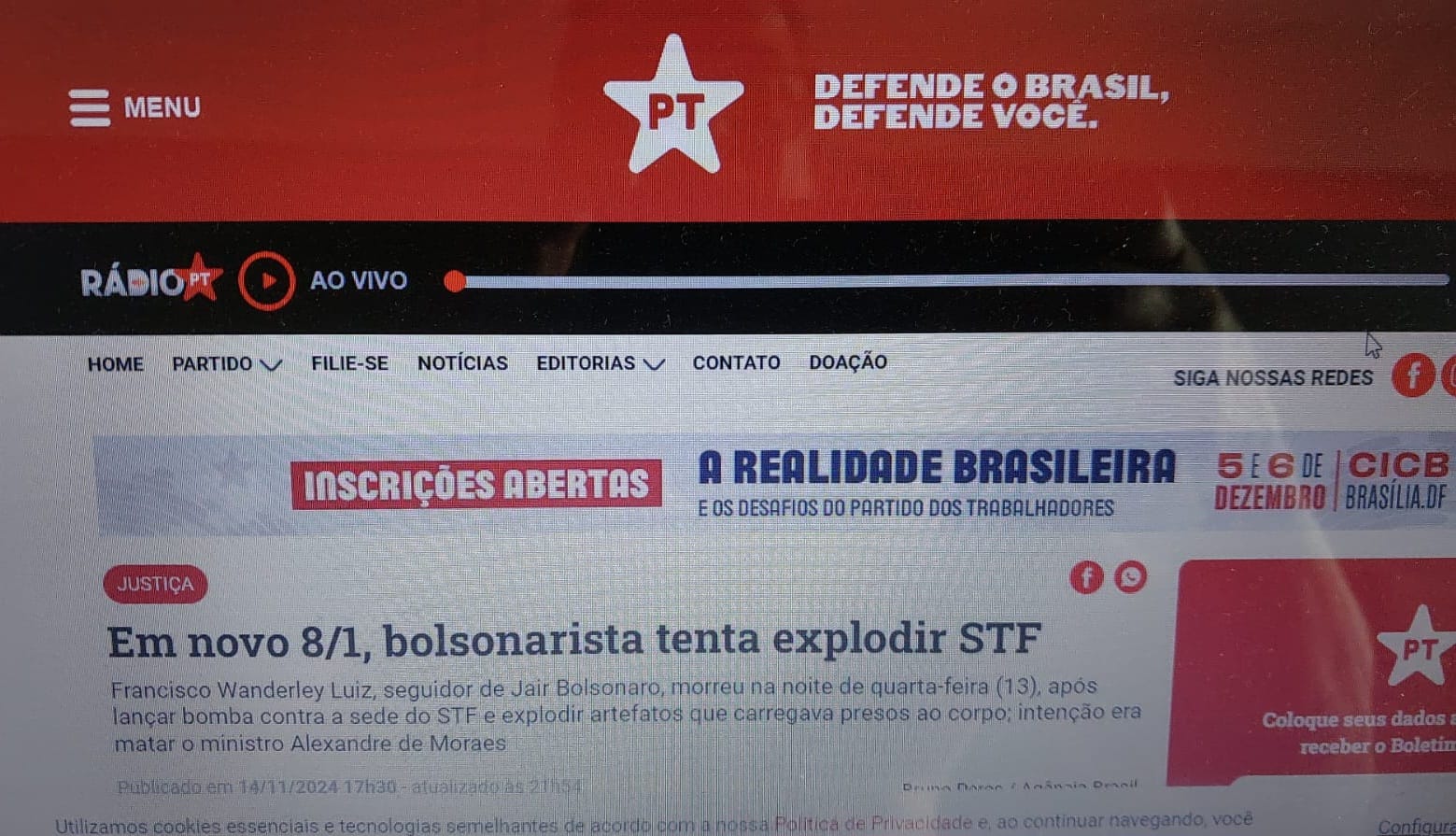 Site do PT rotula "homem-bomba" como "bolsonarista"