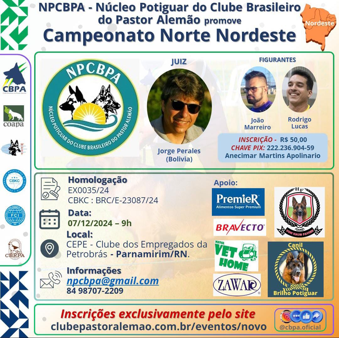 Clube Brasileiro do Pastor Alemão promoverá Campeonato NO/NE neste sábado em Parnamirim
