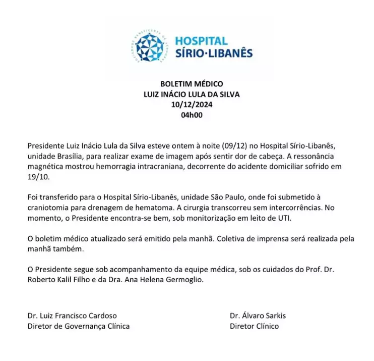 Boletim médico diz que cirurgia de Lula ocorreu “sem intercorrências”