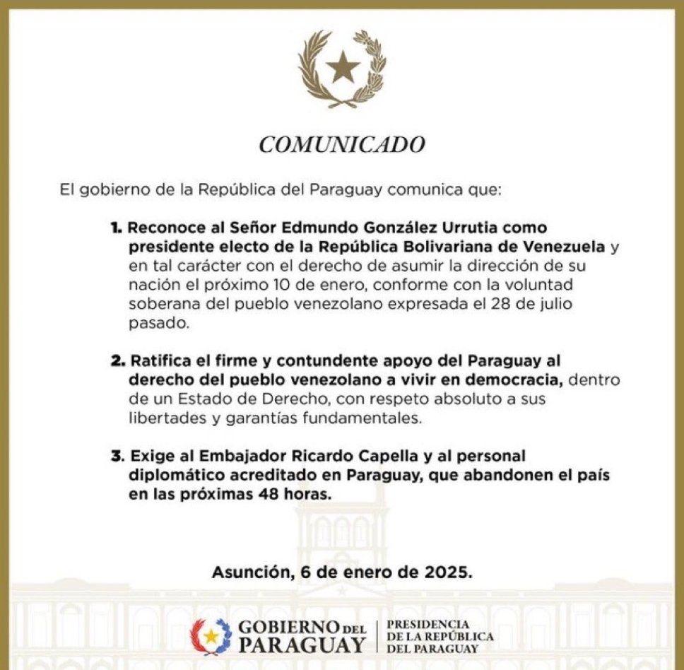 Presidente do Paraguai exige saída do embaixador venezuelano e equipe diplomática em 48 horas