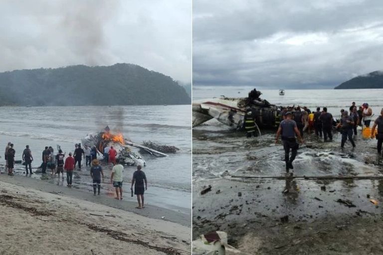 Avião ultrapassa pista de aeroporto, explode em praia de Ubatuba