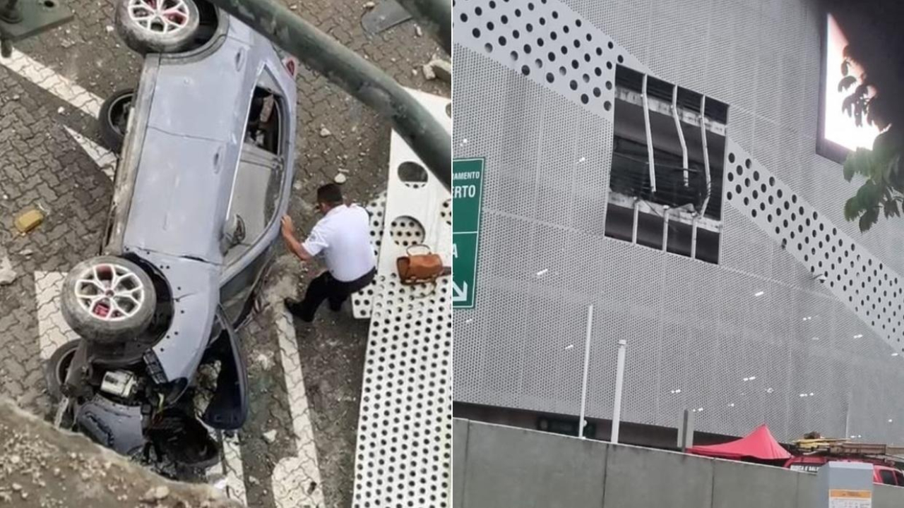 Carro cai do terceiro andar do estacionamento de shopping