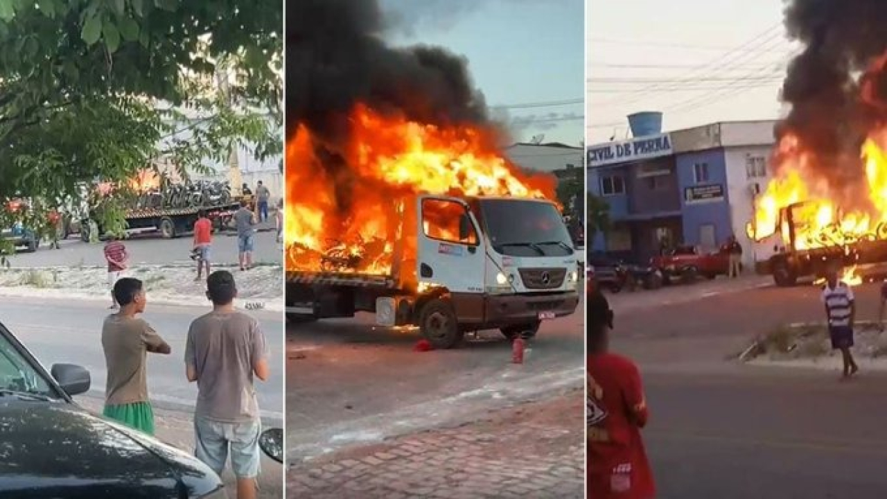 Após moto ser apreendida, pai e filho ateiam fogo em caminhão da PRF