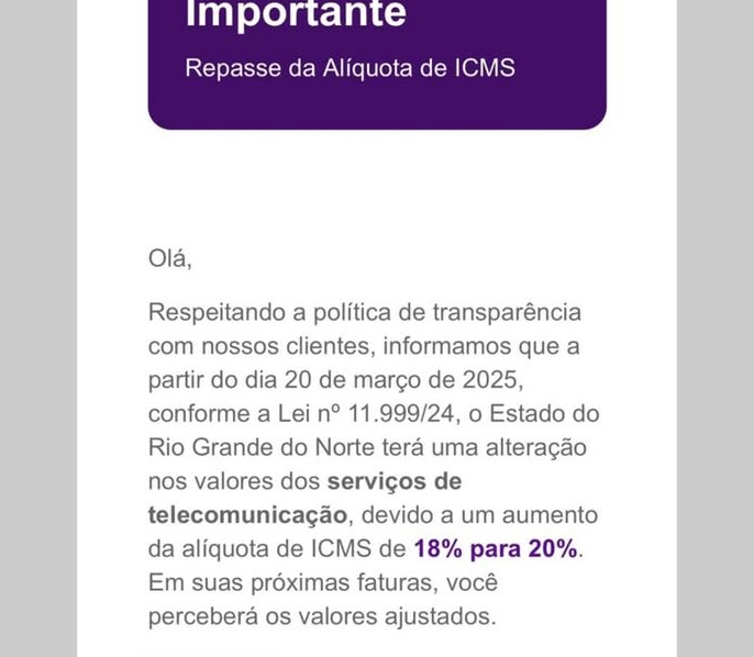COMEÇOU: Vivo anuncia aumento nas tarifas por causa do ICMS no governo Fátima Bezerra