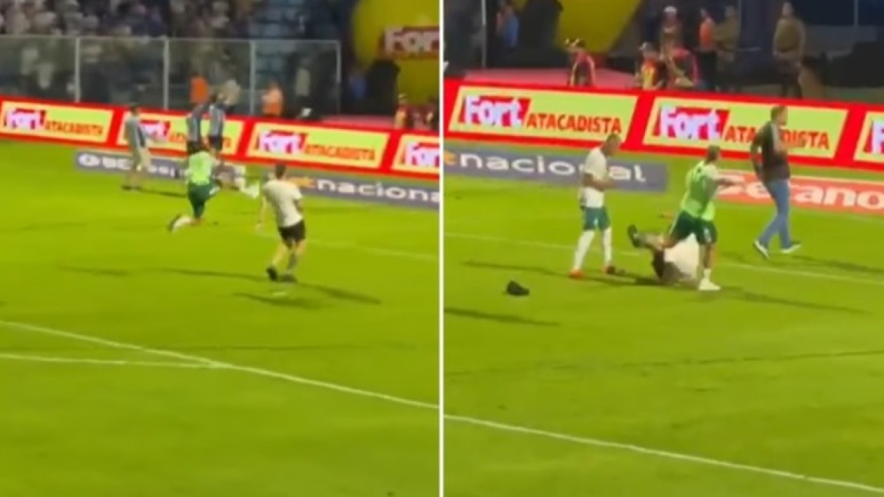 Após o jogo, torcedor do Avaí invade o campo e acaba tomando ‘voadora’ de jogador da Chapecoense