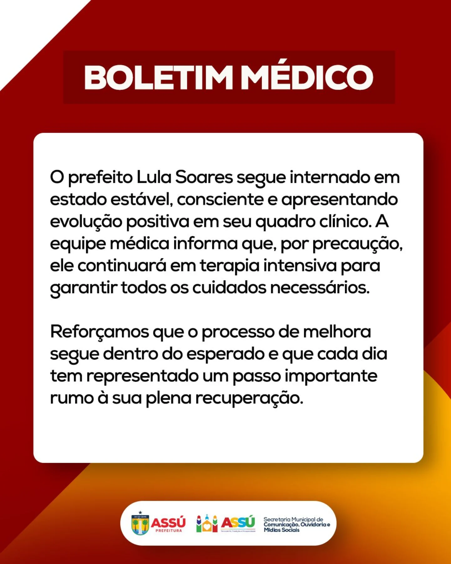 Prefeitura do Assú emite boletim médico atualizado do prefeito Lula Soares
