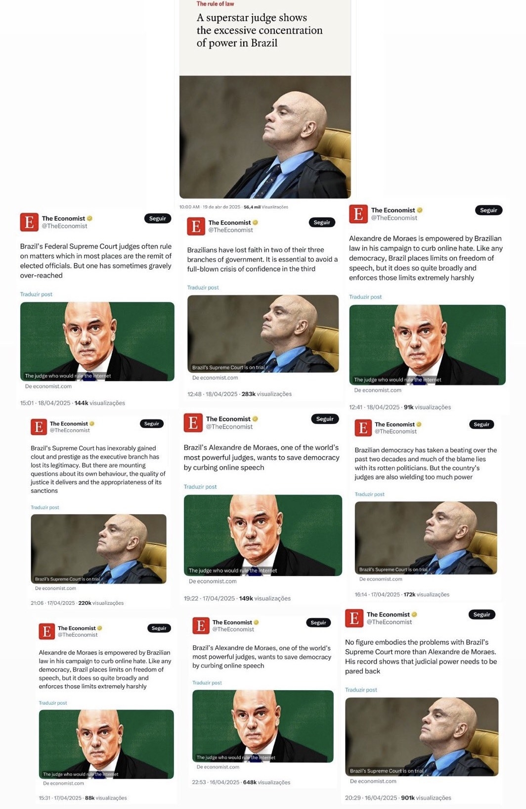 Editorial de “Economist” posta 13 vezes no X reportagem crítica a Moraes