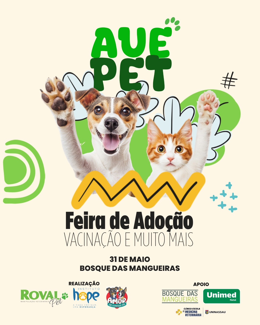 Evento gratuito reúne feirinha de adoção, vacinação e bate-papos sobre cuidados com pets neste sábado (31) no Bosque das Mangueiras