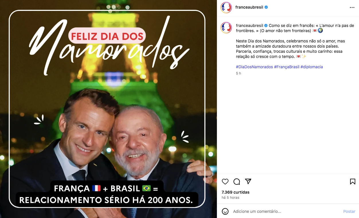 Dia dos Namorados: Embaixada da França exibe Macron e Lula