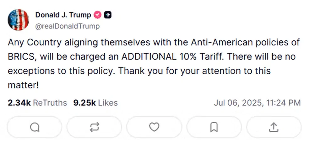 Trump anuncia tarifa de 10% para ‘países que se alinham às políticas antiamericanas do Brics’