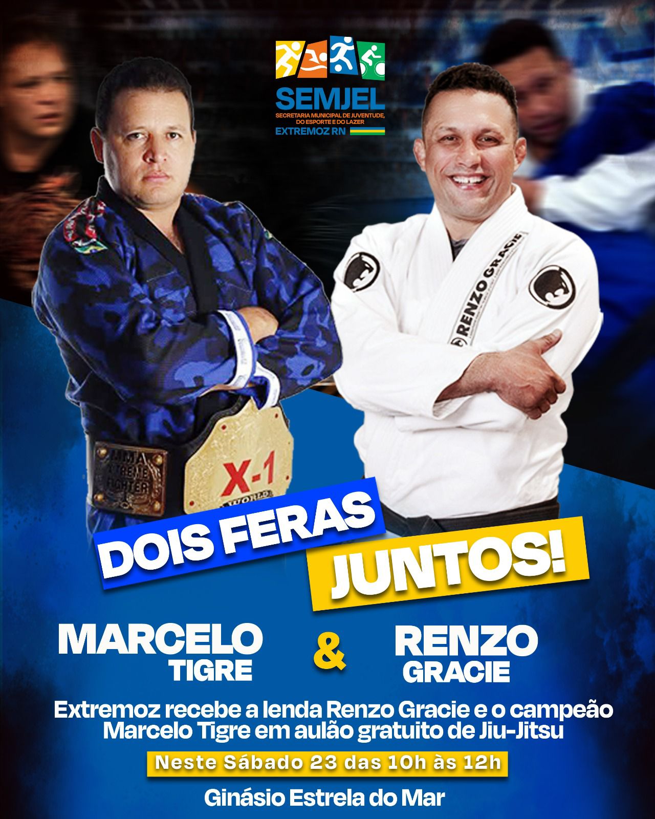 Dois feras juntos! Extremoz recebe a lenda Renzo Gracie e o campeão Marcelo Tigre em aulão gratuito de Jiu-Jitsu